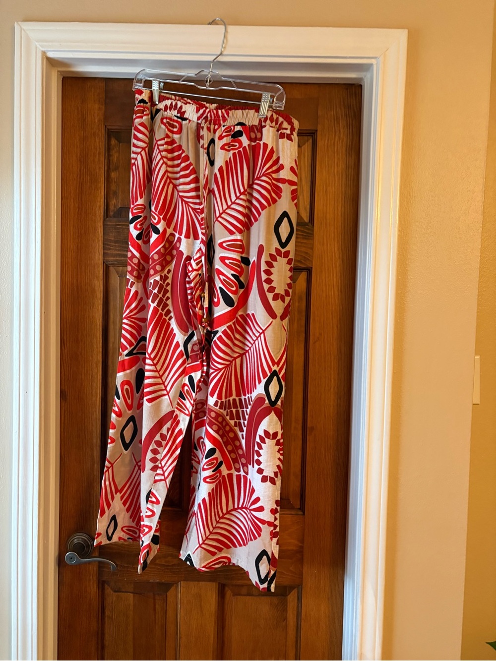 Mlle Gabrielle Wide Leg Pants - Red, Black, Cream Abstract Print